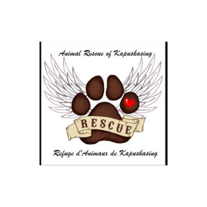 Timmins Care Logo of the Animal Rescue of Kapuskasing featuring a paw print with wings and a red heart, with text in English and French. Cochrane District Social Services Administration Board