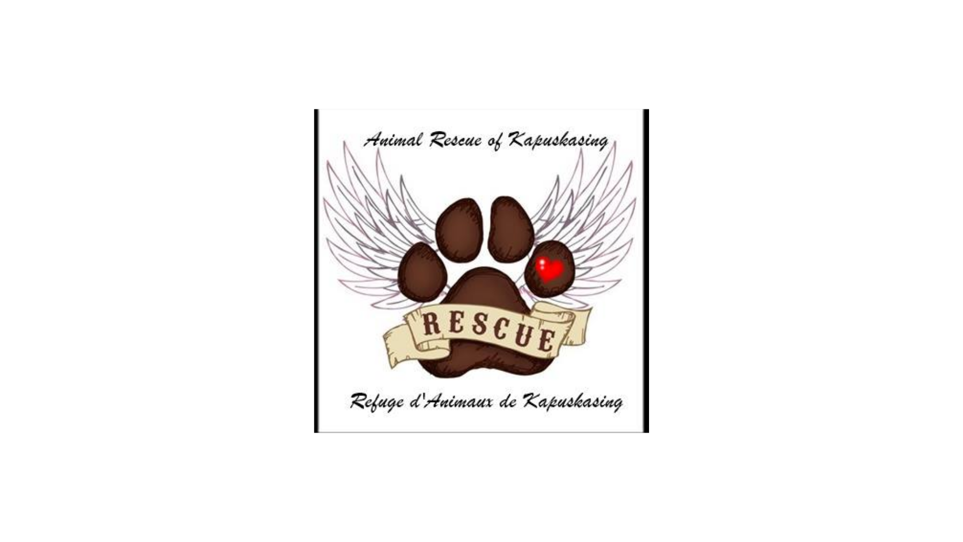 Timmins Care Logo of the Animal Rescue of Kapuskasing featuring a paw print with wings and a red heart, with text in English and French. Cochrane District Social Services Administration Board