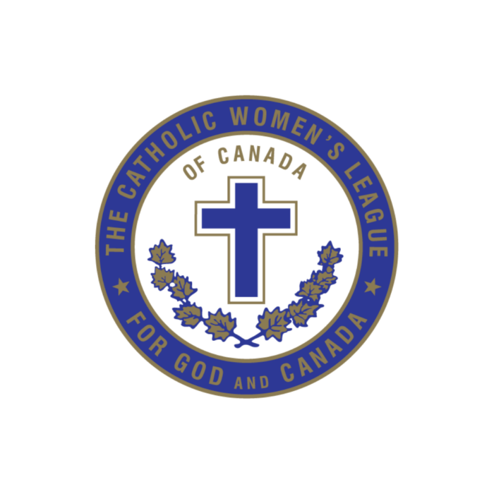 Timmins Care Logo of The Catholic Women's League of Canada featuring a blue cross and maple leaves inside a blue circular border with the words "The Catholic Women's League of Canada For God and Canada. Cochrane District Social Services Administration Board