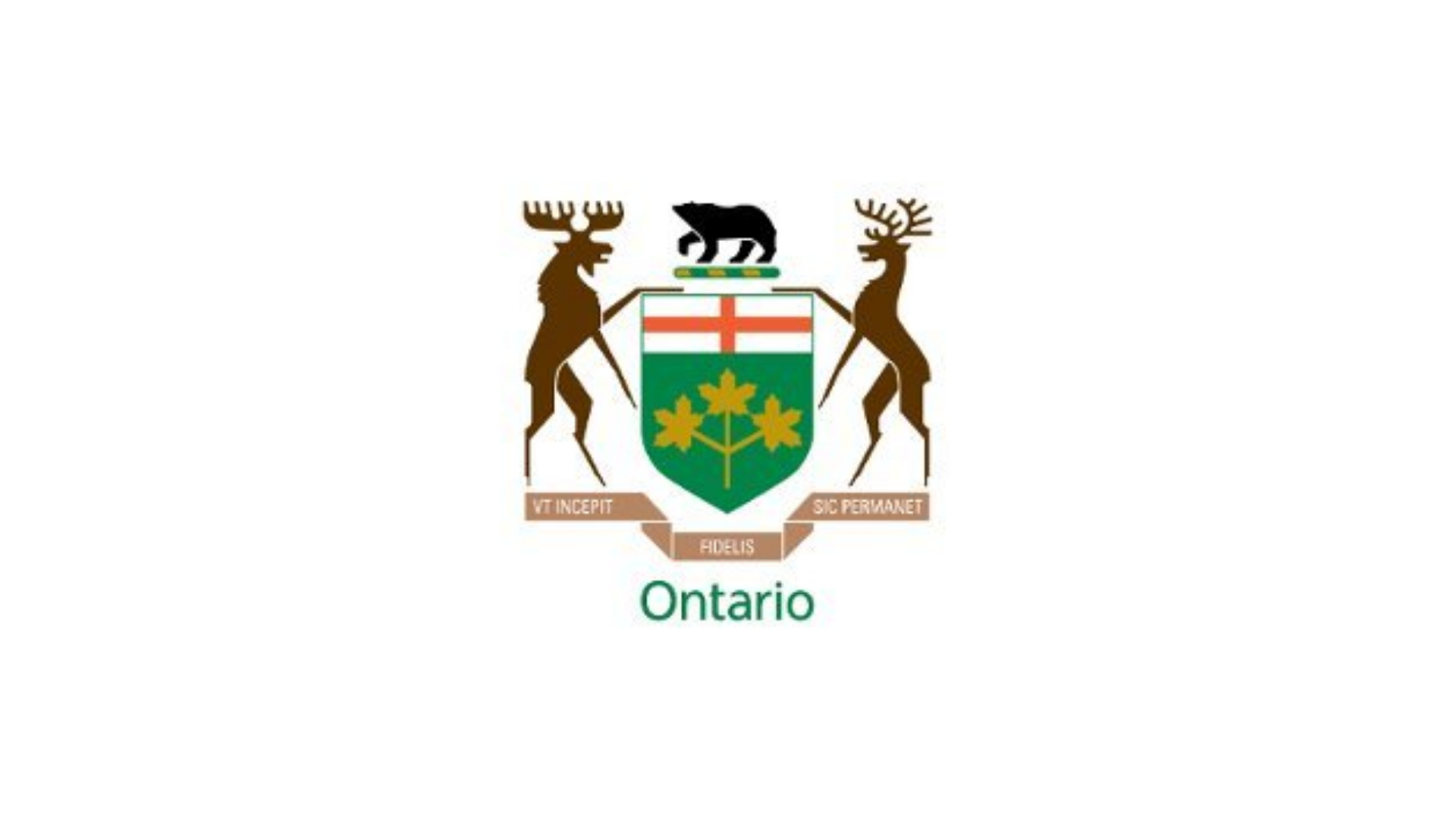 Timmins Care The coat of arms of Ontario features a green shield with a red cross and three gold maple leaves, supported by a moose and a deer, with a black bear standing atop, along with the motto "Ut incepit Fidelis sic permanet.”. Cochrane District Social Services Administration Board