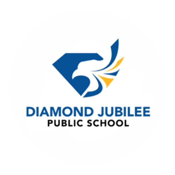 Timmins Care Logo of Diamond Jubilee Public School featuring a stylized blue diamond with an eagle and yellow accents above the school name in blue and black text. Cochrane District Social Services Administration Board