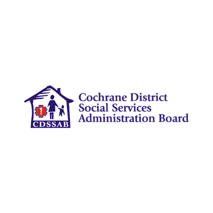 Timmins Care Cochrane District Social Services Administration Board (CDSSAB) logo featuring a house with a red cross and child and adult figures. Cochrane District Social Services Administration Board