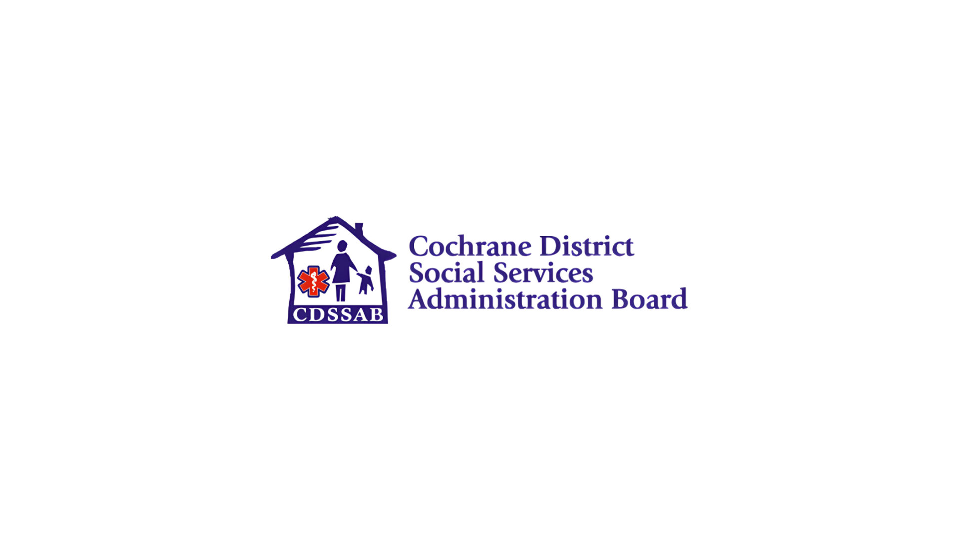 Timmins Care Cochrane District Social Services Administration Board (CDSSAB) logo featuring a house with a red cross and child and adult figures. Cochrane District Social Services Administration Board