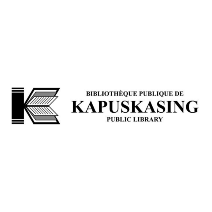 Timmins Care Logo of the Kapuskasing Public Library, displaying the name in both French and English alongside a stylized letter "K". Cochrane District Social Services Administration Board