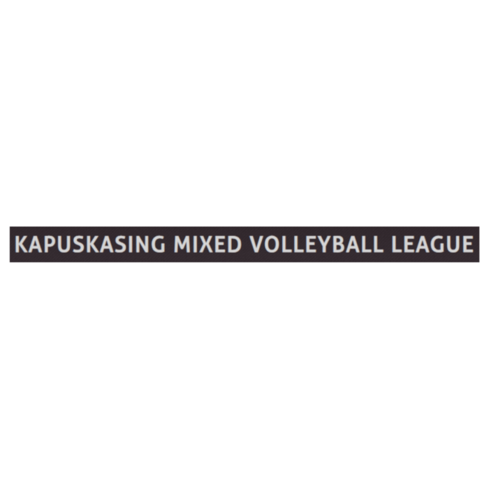 Timmins Care Text reads "Kapuskasing Mixed Volleyball League" in black capital letters on a white background. Cochrane District Social Services Administration Board