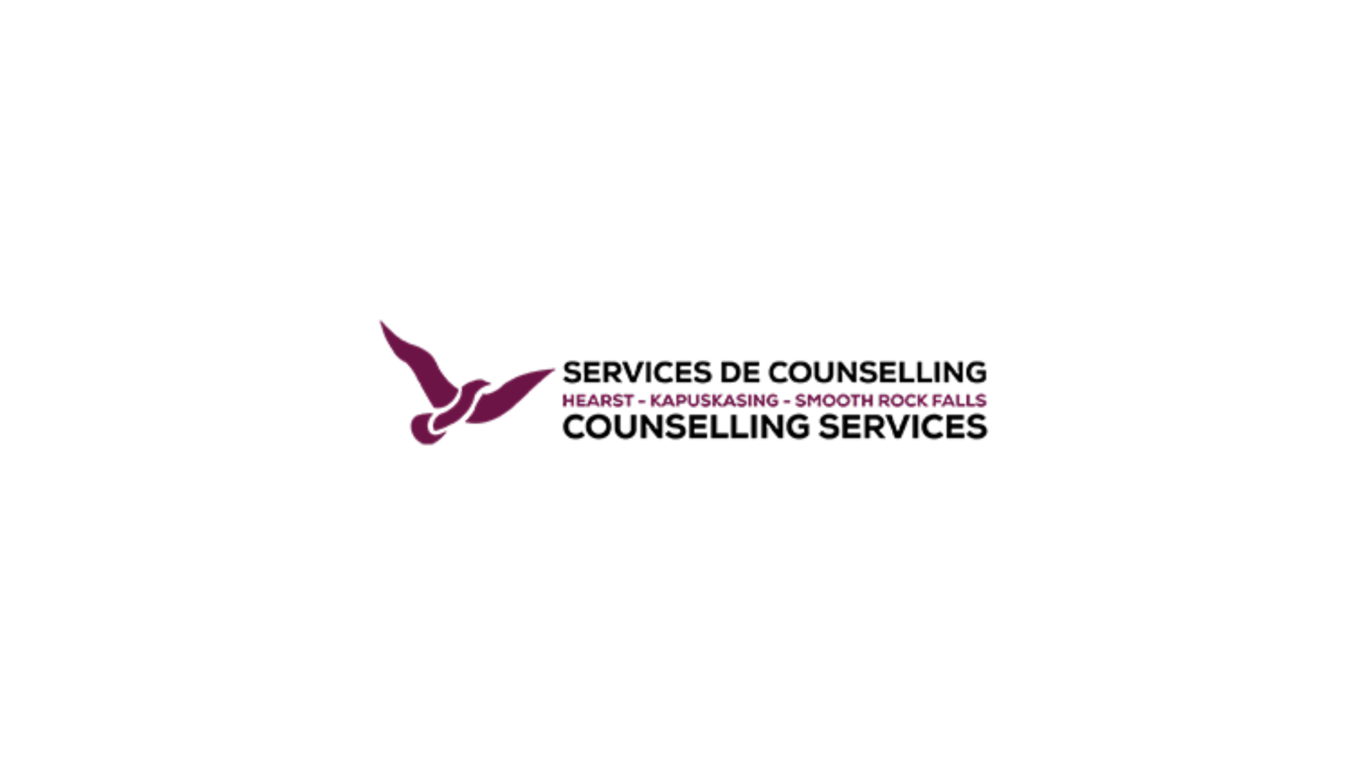 Timmins Care Logo for Services de Counselling / Counselling Services in Hearst, Kapuskasing, and Smooth Rock Falls. The design includes a maroon bird graphic on the left and text on the right. Cochrane District Social Services Administration Board