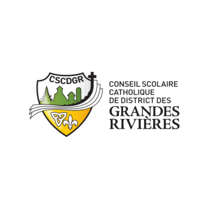 Timmins Care Logo of the Conseil scolaire catholique de district des Grandes-Rivières, featuring a shield with a cross, trees, and a fleur-de-lis, along with the acronym CSCDGR. Cochrane District Social Services Administration Board