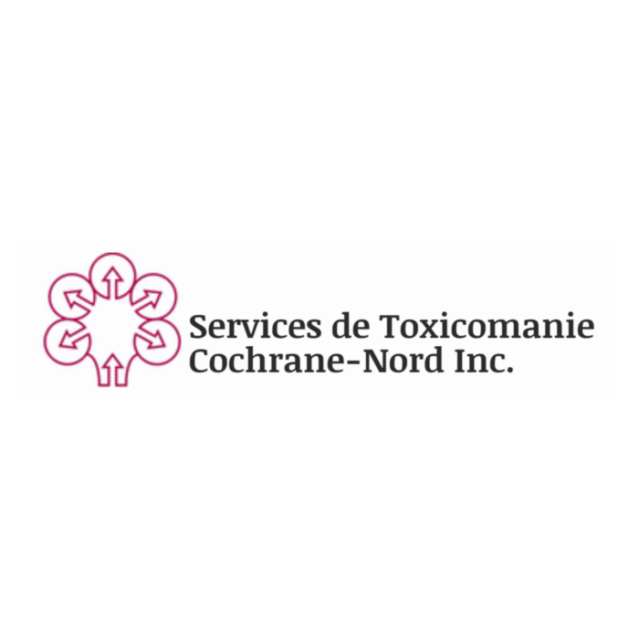 Timmins Care Logo of Services de Toxicomanie Cochrane-Nord Inc. with a pink flower-like icon and the organization's name in black text. Cochrane District Social Services Administration Board