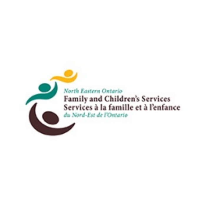 Timmins Care Logo of North Eastern Ontario Family and Children’s Services featuring three stylized figures in yellow, green, and brown forming an arc. Text in English and French is displayed beside the figures. Cochrane District Social Services Administration Board