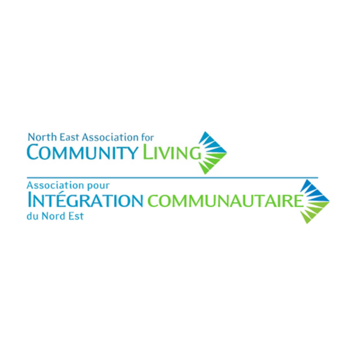 Timmins Care Logo of North East Association for Community Living, with text in English and French, featuring blue and green colors with an abstract design element on the right. Cochrane District Social Services Administration Board