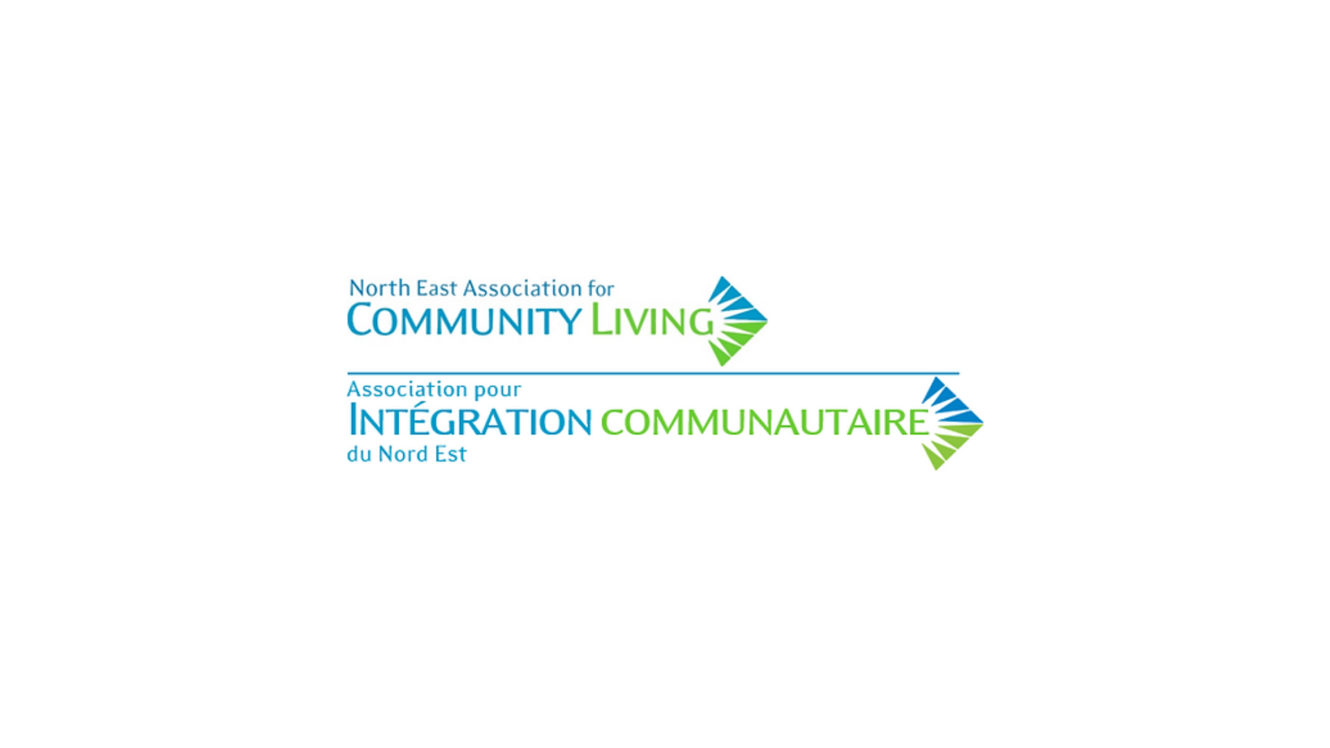 Timmins Care Logo of North East Association for Community Living, with text in English and French, featuring blue and green colors with an abstract design element on the right. Cochrane District Social Services Administration Board