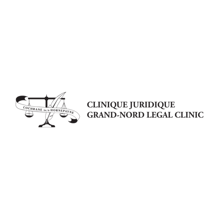 Timmins Care Logo for Clinique Juridique Grand-Nord Legal Clinic featuring a stylized scale of justice with "COCHRANE NEW LISKEARD" on a banner. Cochrane District Social Services Administration Board