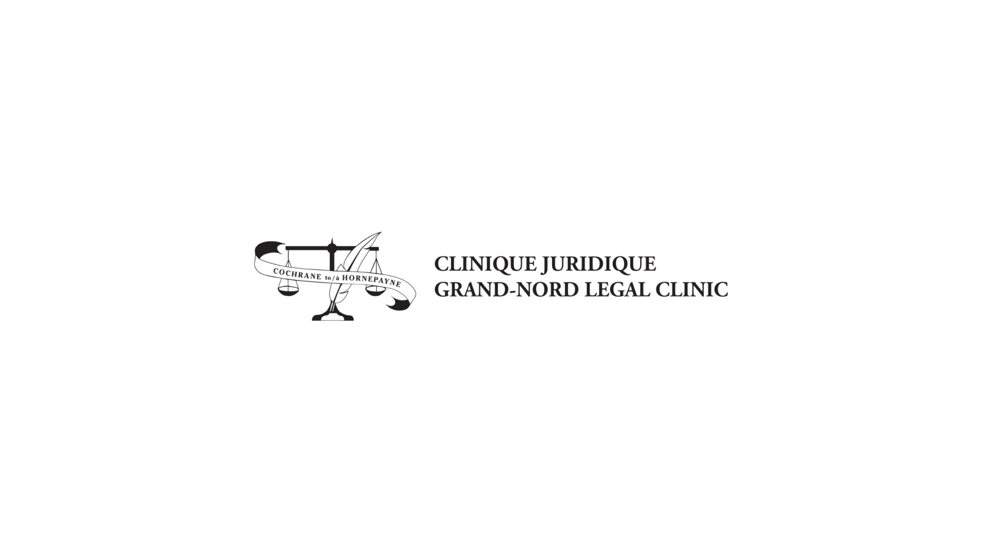 Timmins Care Logo for Clinique Juridique Grand-Nord Legal Clinic featuring a stylized scale of justice with "COCHRANE NEW LISKEARD" on a banner. Cochrane District Social Services Administration Board