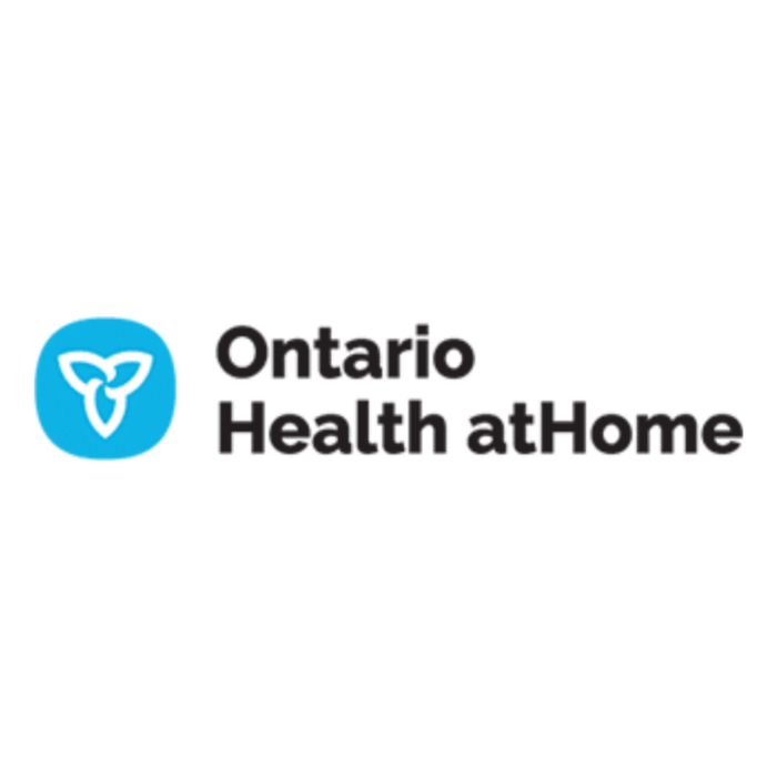 Timmins Care Logo of Ontario Health at Home, featuring a blue circle with a white abstract shape on the left and the organization name in black text on the right. Cochrane District Social Services Administration Board