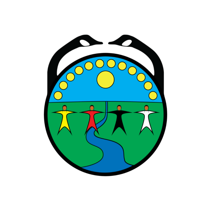 Timmins Care A circular emblem with two black snakes at the top, showing four figures holding hands under a sun and twelve dots in the sky, with a river flowing through green fields. Cochrane District Social Services Administration Board