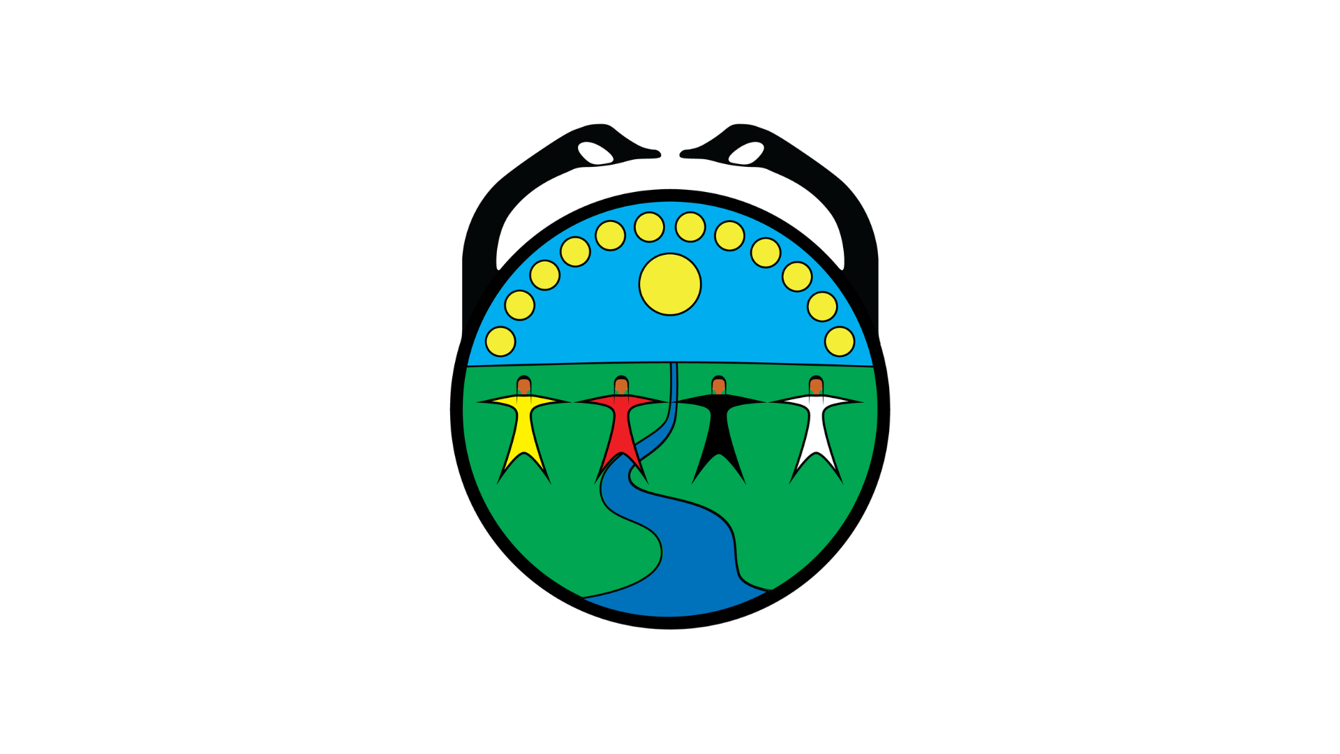 Timmins Care A circular emblem with two black snakes at the top, showing four figures holding hands under a sun and twelve dots in the sky, with a river flowing through green fields. Cochrane District Social Services Administration Board