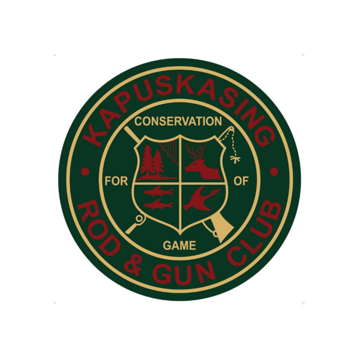 Timmins Care Green and red emblem with "Kapuskasing Rod & Gun Club" text encircling icons of wildlife and fishing, and "Conservation for Game" text in the center. Cochrane District Social Services Administration Board