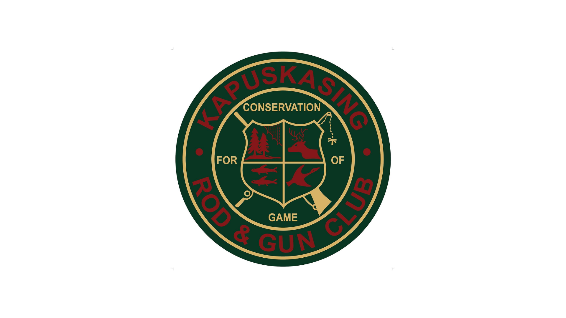 Timmins Care Green and red emblem with "Kapuskasing Rod & Gun Club" text encircling icons of wildlife and fishing, and "Conservation for Game" text in the center. Cochrane District Social Services Administration Board