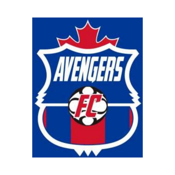 Timmins Care Emblem for Avengers FC, featuring a blue and red shield with a maple leaf on top and a soccer ball at the center. Cochrane District Social Services Administration Board