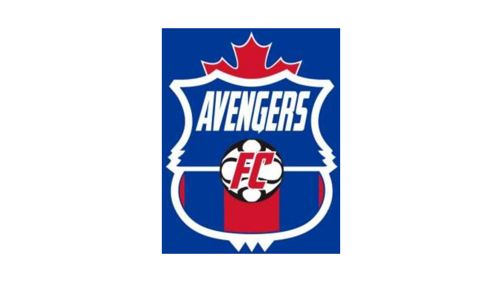 Timmins Care Emblem for Avengers FC, featuring a blue and red shield with a maple leaf on top and a soccer ball at the center. Cochrane District Social Services Administration Board