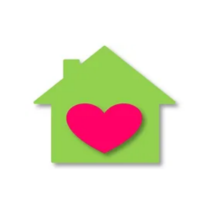 Timmins Care Green house icon with a red heart in the center on a white background. Cochrane District Social Services Administration Board