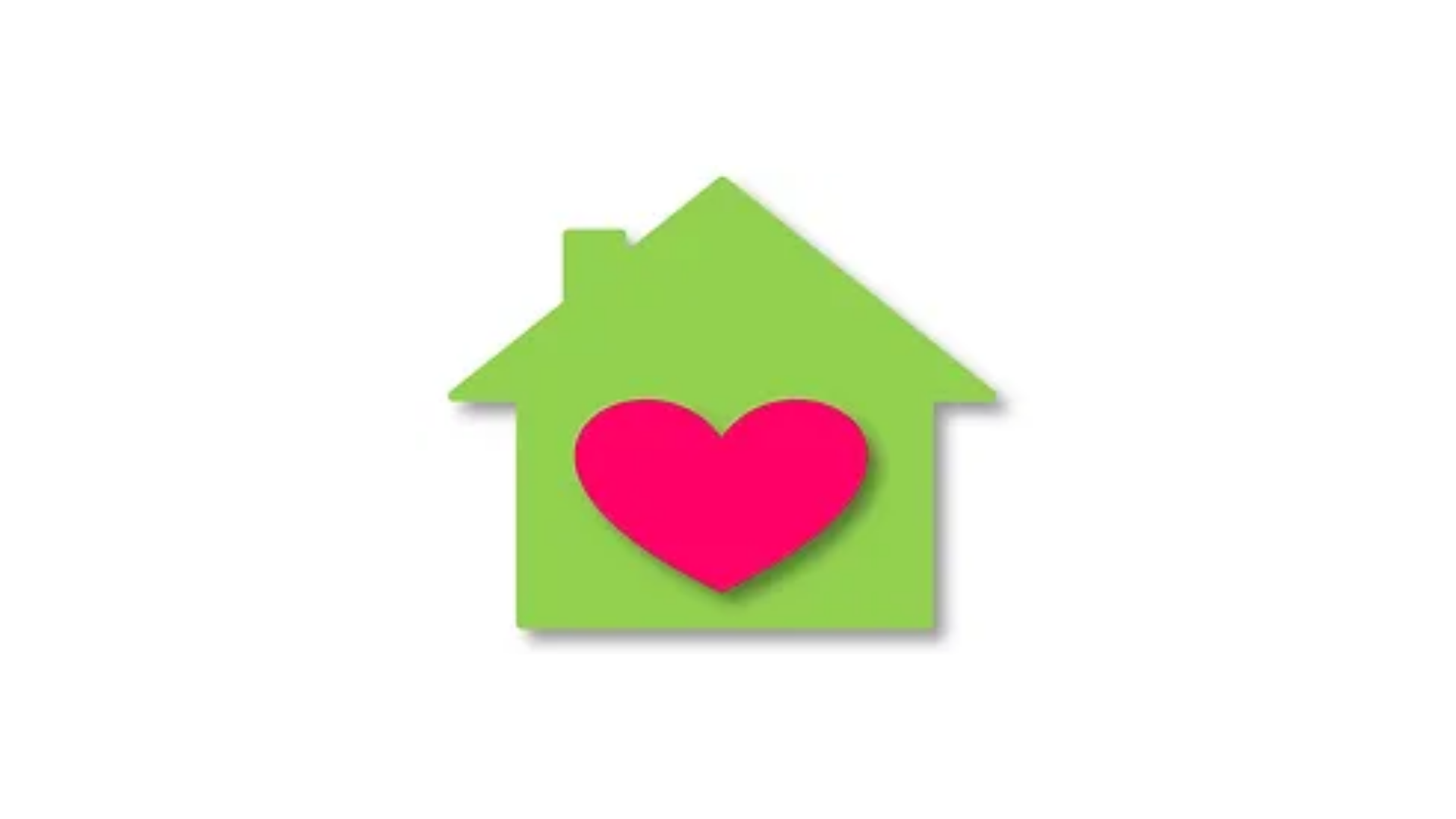 Timmins Care Green house icon with a red heart in the center on a white background. Cochrane District Social Services Administration Board