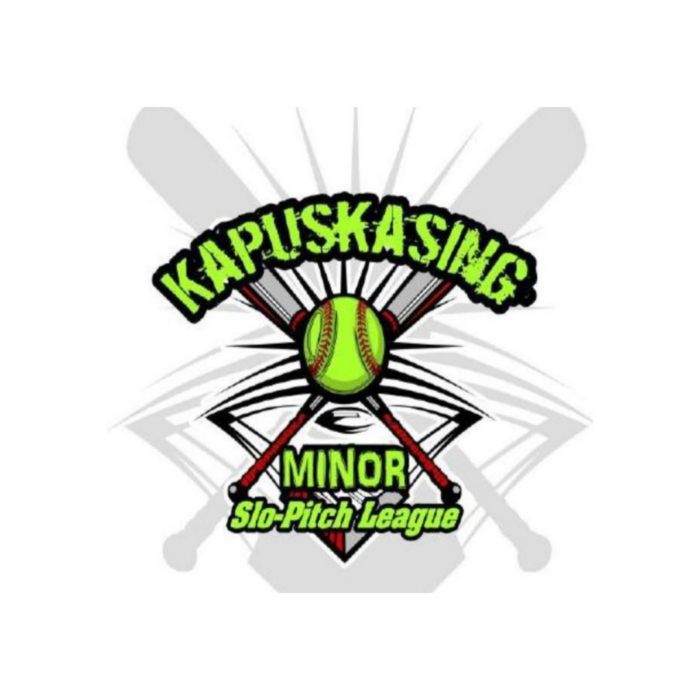 Timmins Care Logo of the Kapuskasing Minor Slo-Pitch League featuring a softball, crossed bats, and a diamond in the background. Cochrane District Social Services Administration Board