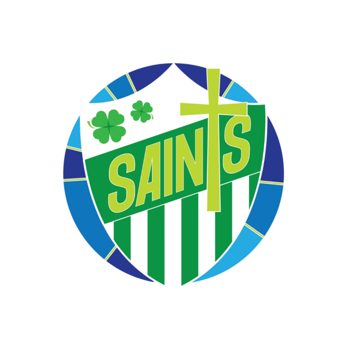 Timmins Care Circular emblem with "SAINTS" in green letters on green and white stripes, featuring a cross, a shamrock, and blue geometric border. Cochrane District Social Services Administration Board