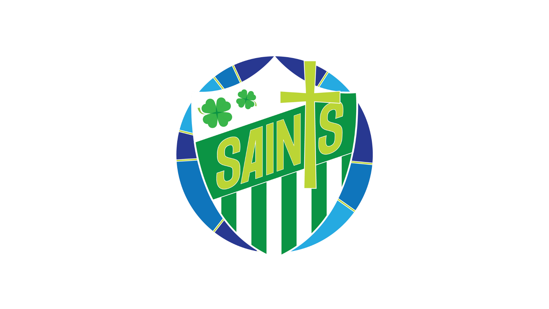 Timmins Care Circular emblem with "SAINTS" in green letters on green and white stripes, featuring a cross, a shamrock, and blue geometric border. Cochrane District Social Services Administration Board