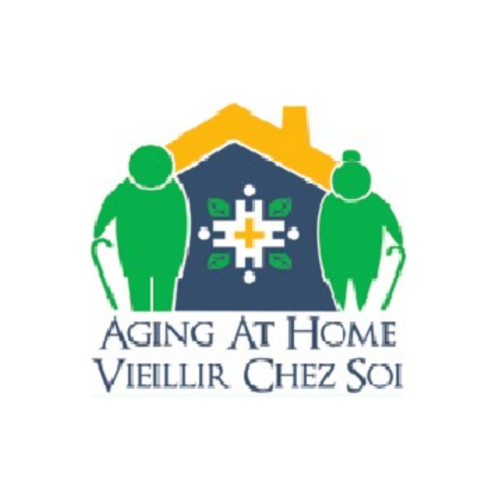 Timmins Care Logo depicting two elderly figures with canes beside a house; text reads "Aging At Home" and "Vieillir Chez Soi. Cochrane District Social Services Administration Board