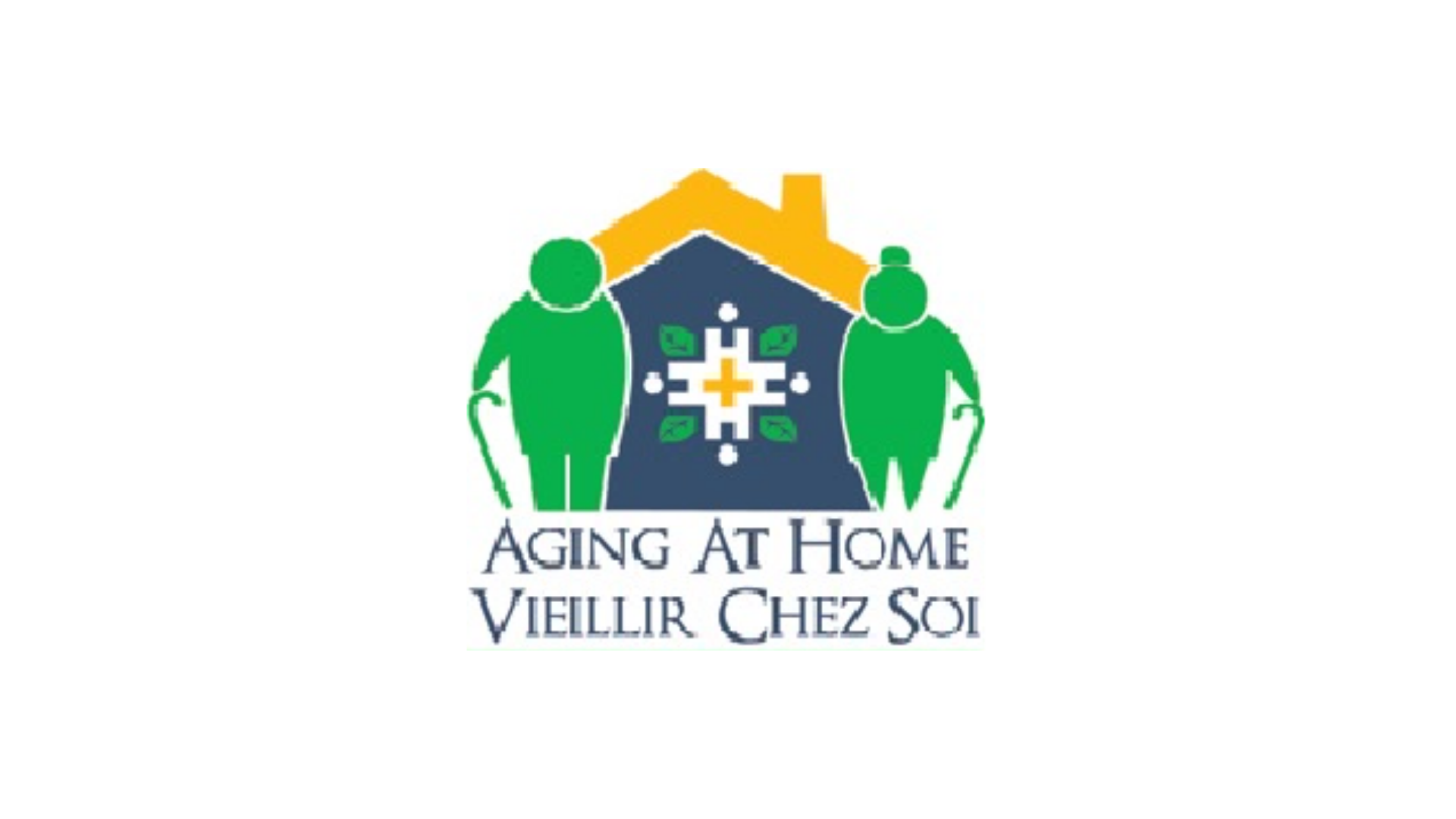 Timmins Care Logo depicting two elderly figures with canes beside a house; text reads "Aging At Home" and "Vieillir Chez Soi. Cochrane District Social Services Administration Board